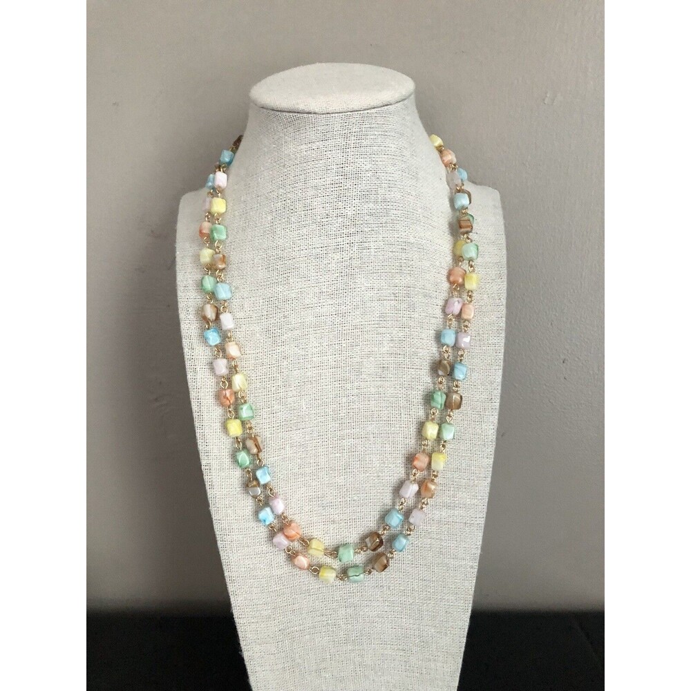 Glass Swirl Mini Square Beaded Long Necklace ~Light Pastels